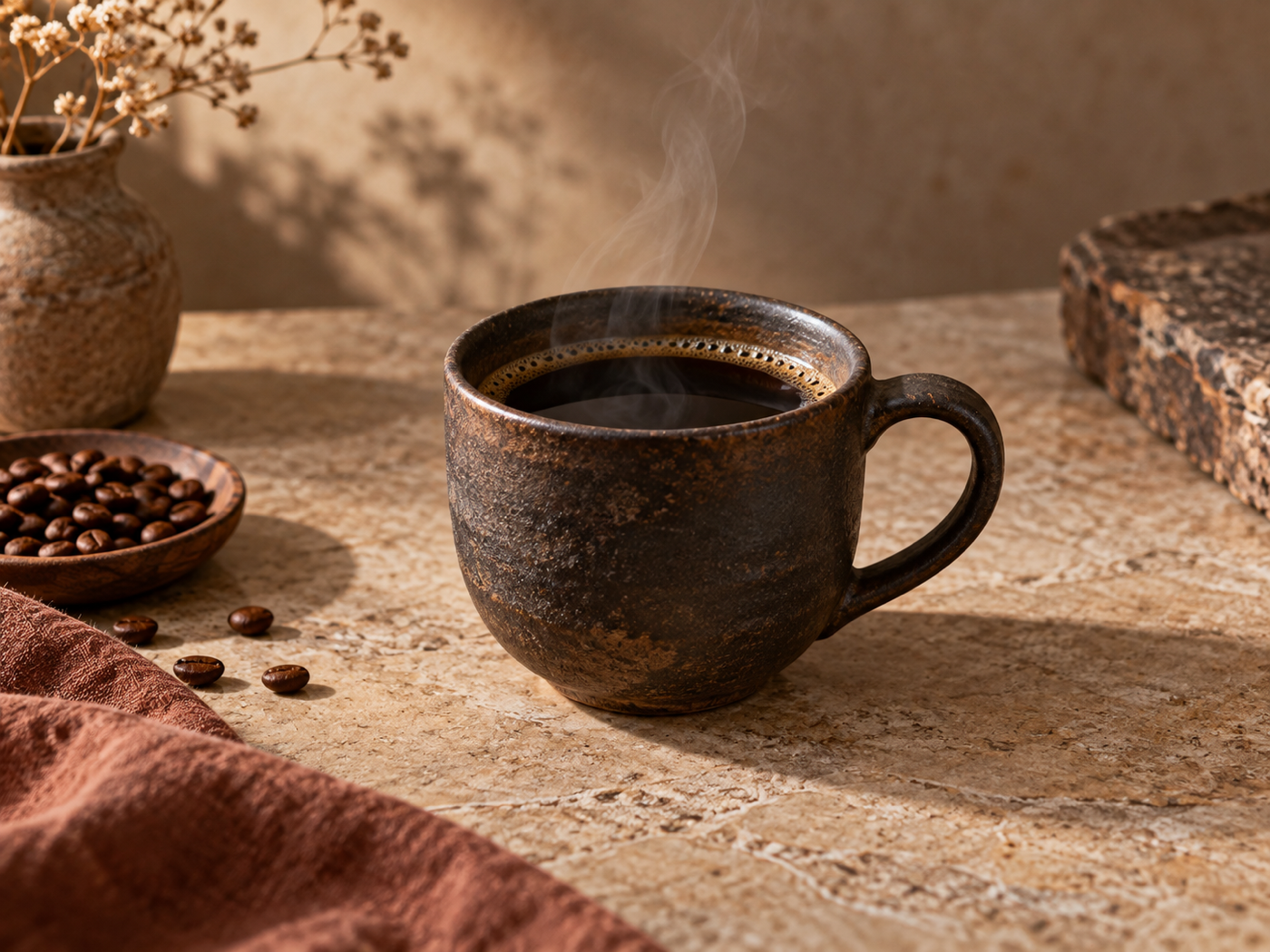 深いブラウンの陶器に注がれたハンドドリップコーヒー
