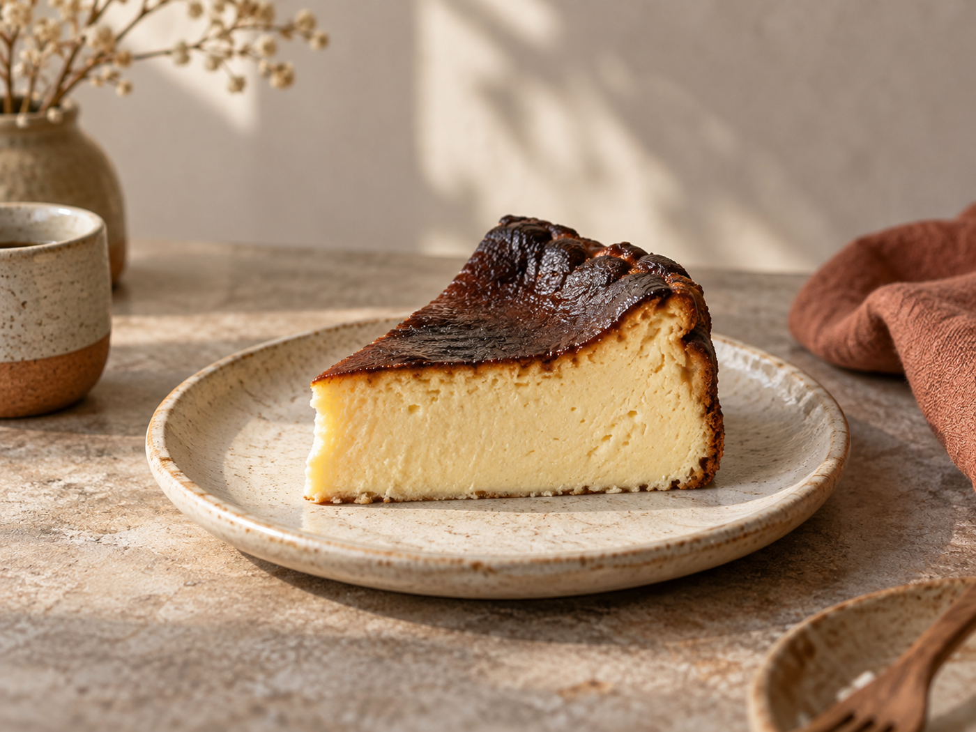 陶器のプレートに盛り付けたバスクチーズケーキ